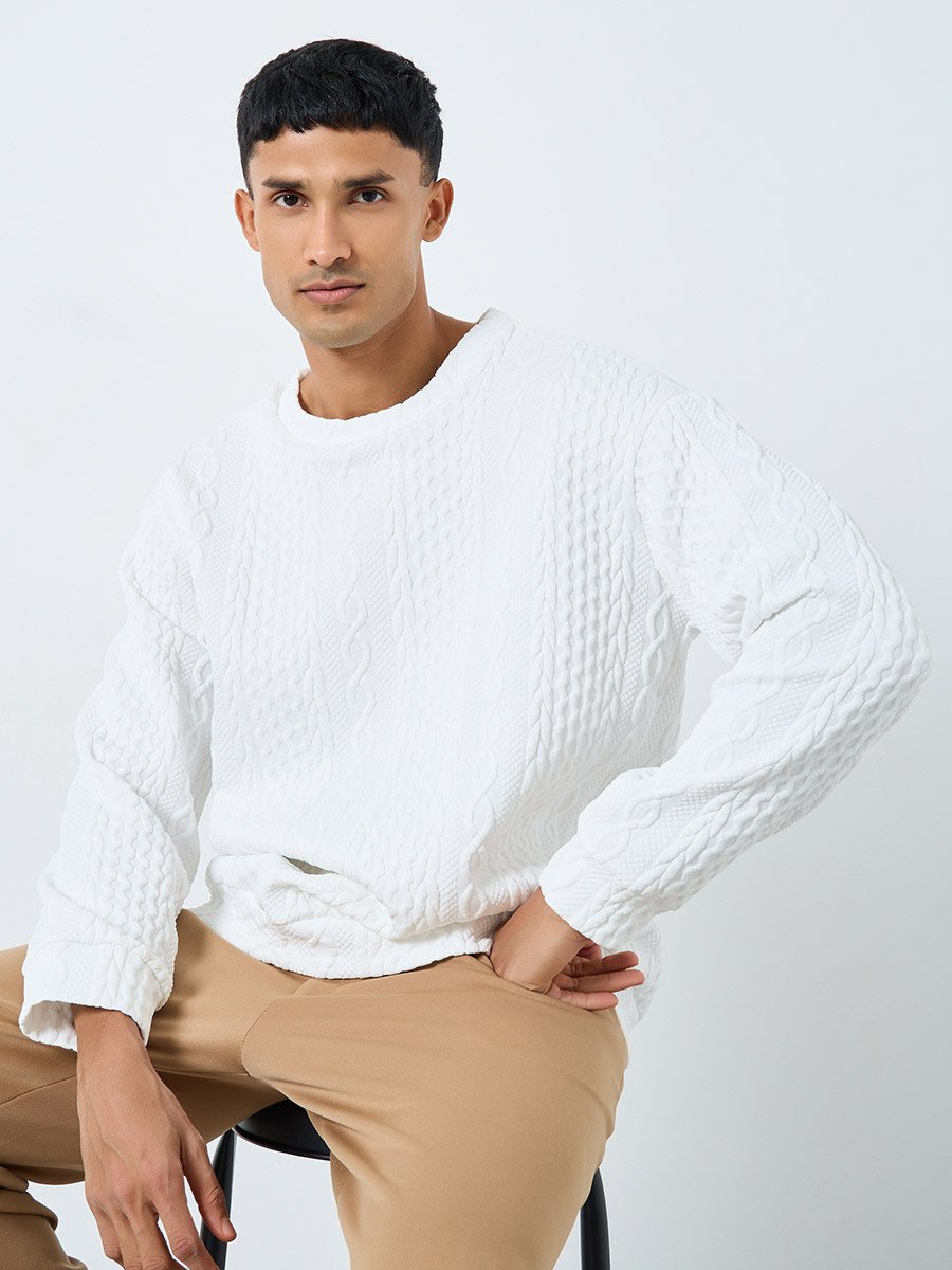 Men White Cable Knit Relaxed Fit Sweater