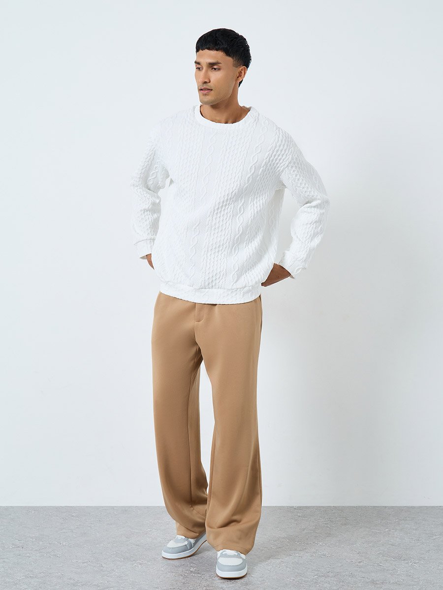 Men White Cable Knit Relaxed Fit Sweater