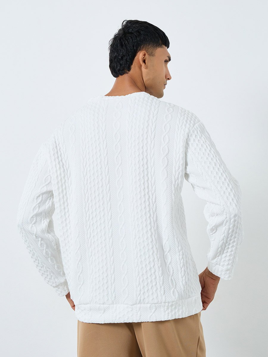 Men White Cable Knit Relaxed Fit Sweater