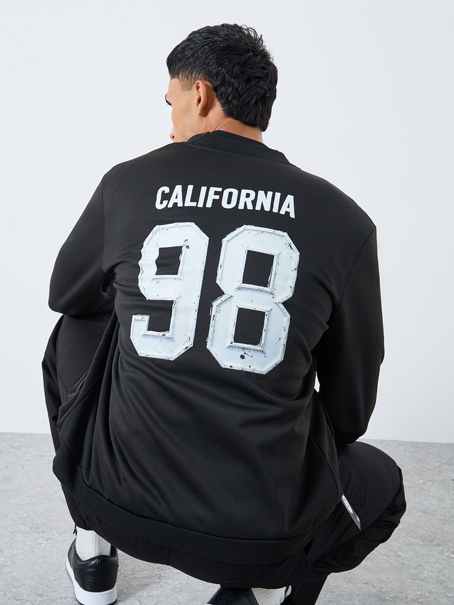 Men Black Number Print Zip-Up Bomber Jacket