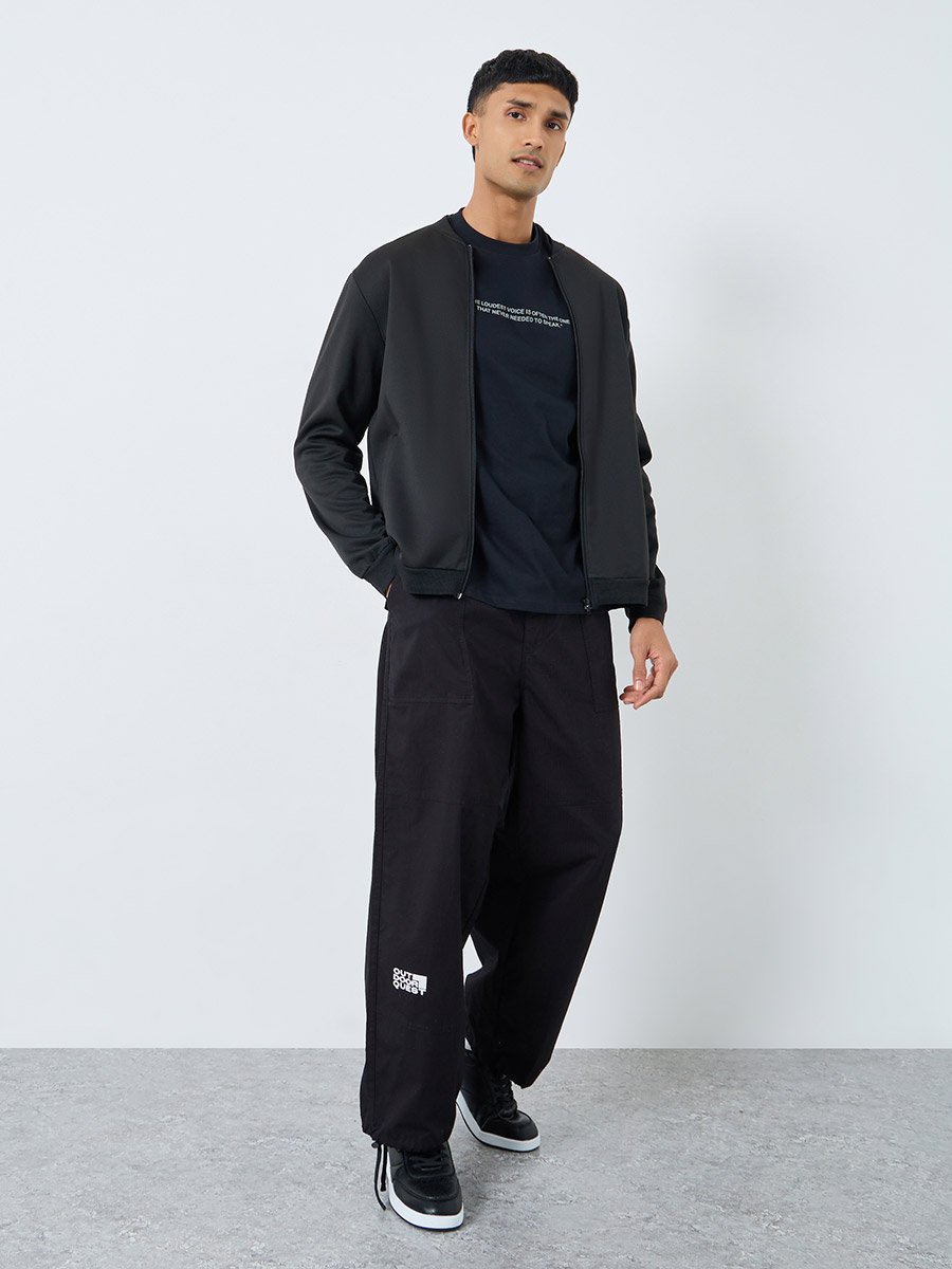 Men Black Number Print Zip-Up Bomber Jacket