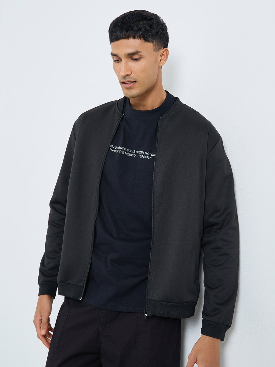 Men Black Number Print Zip-Up Bomber Jacket