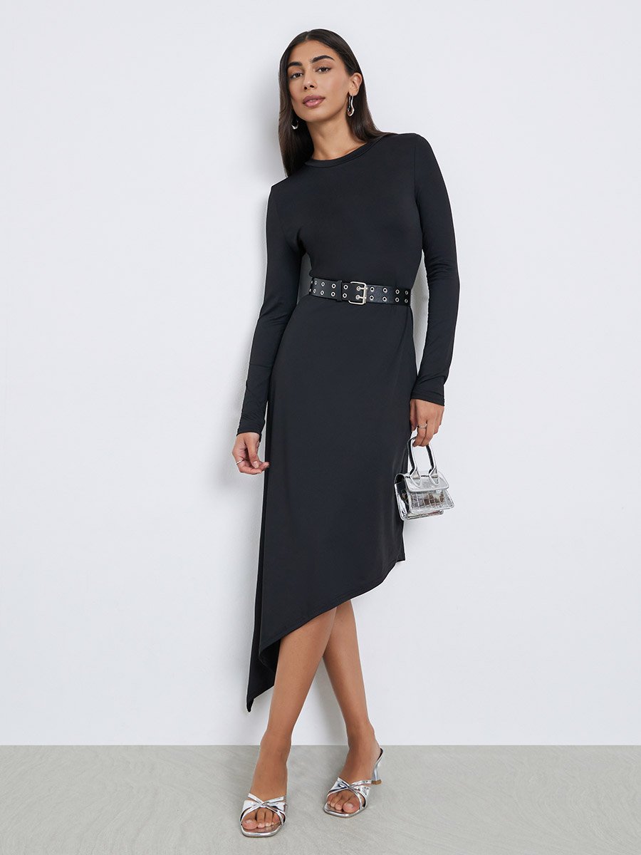 Black Asymmetric Hem Midi Dress with Belt For Women at UAE | Styli