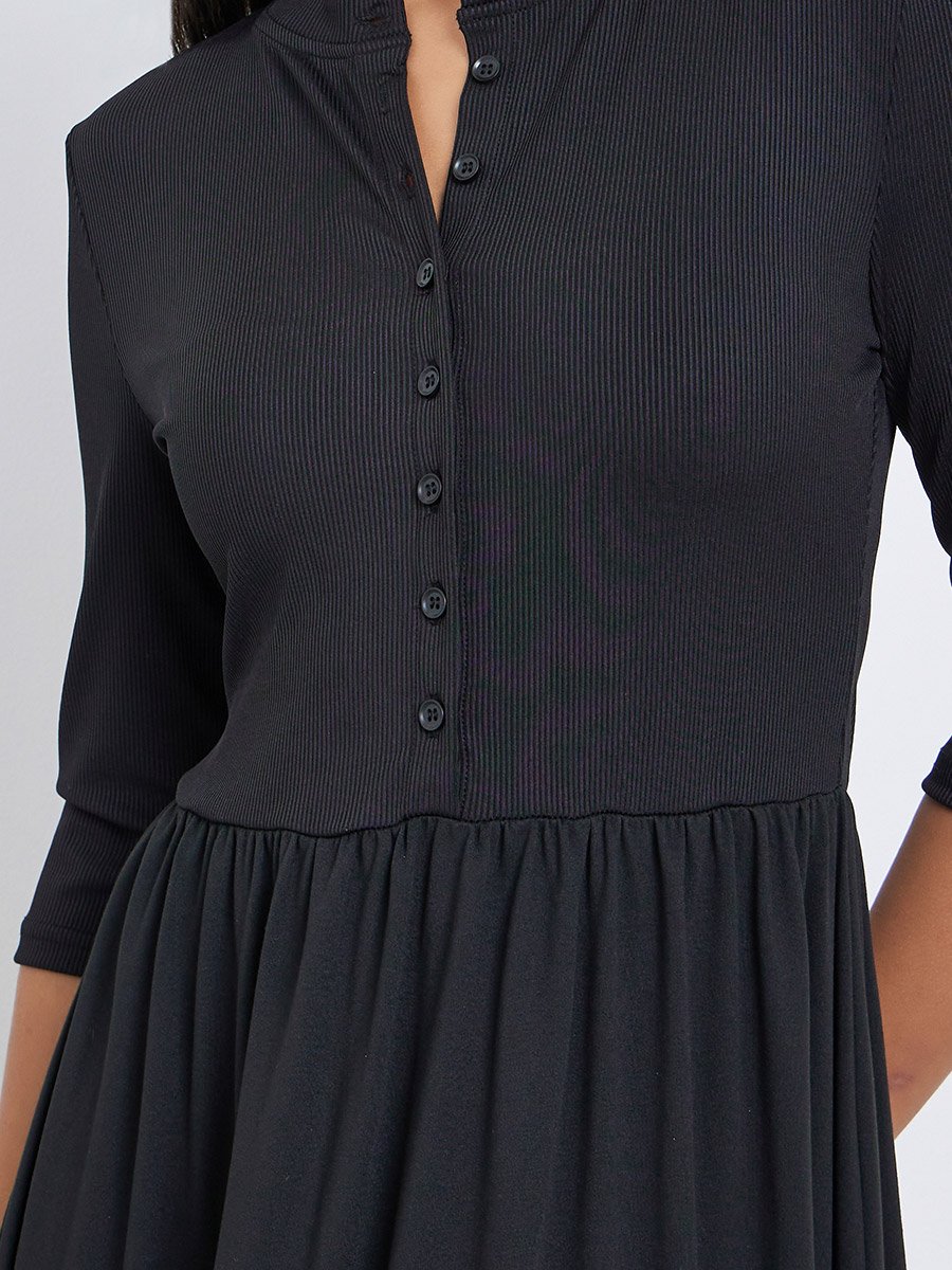 Black A-Line Midi Dress with 3/4 Sleeves