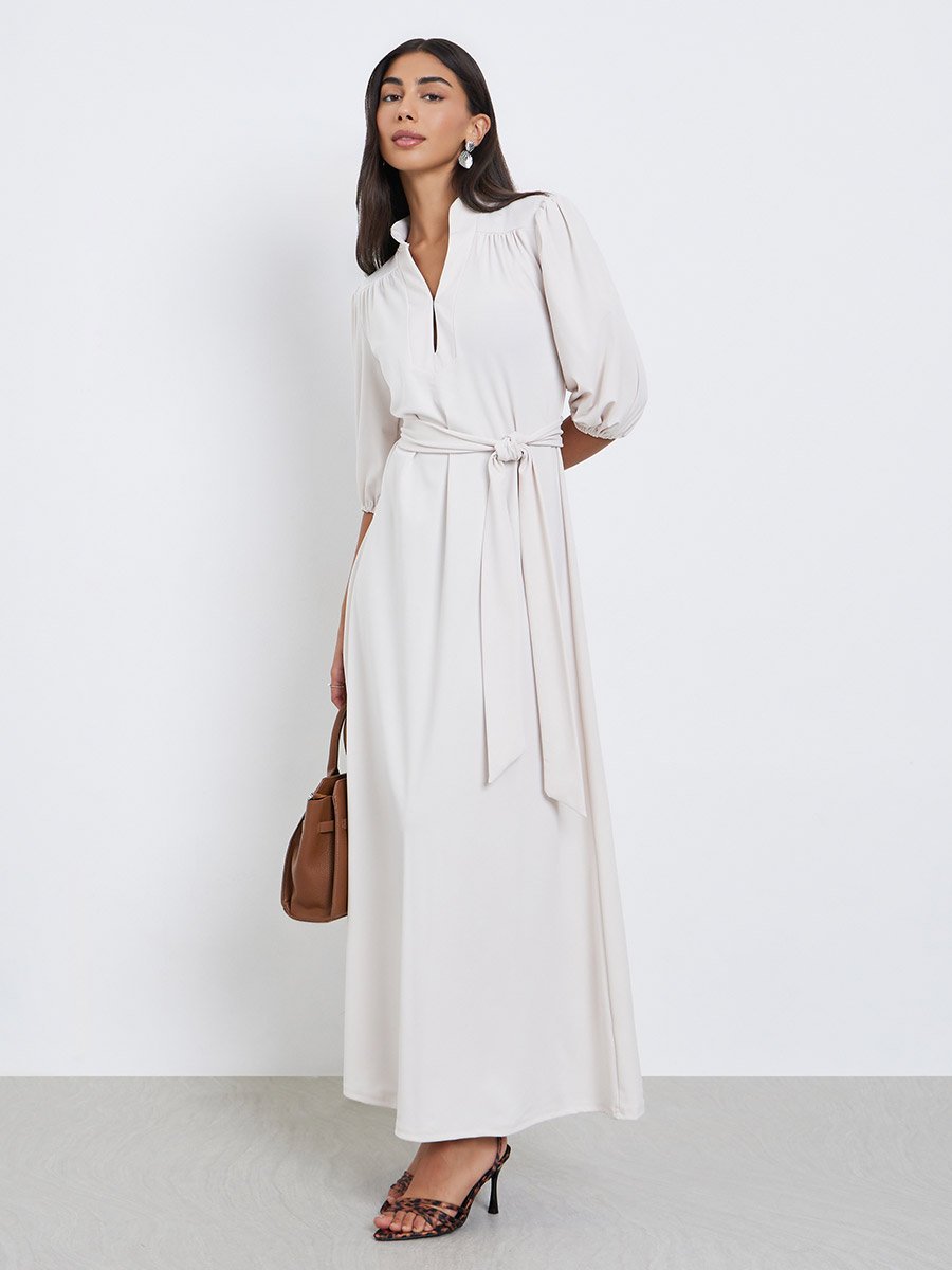 Cream Stand Collar Maxi Dress with Tie Belt