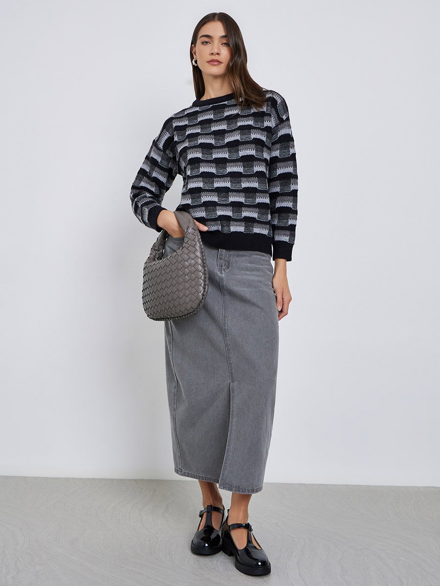Patterned Knit Dropped Shoulder Sweater