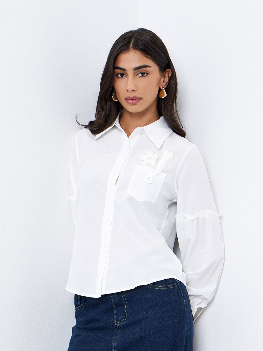 White Applique Pocket Detail Casual Shirt