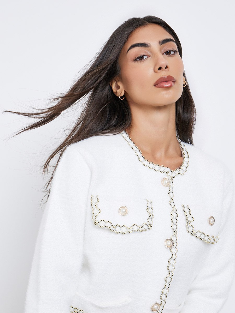 White Furry Embellished Cardigan