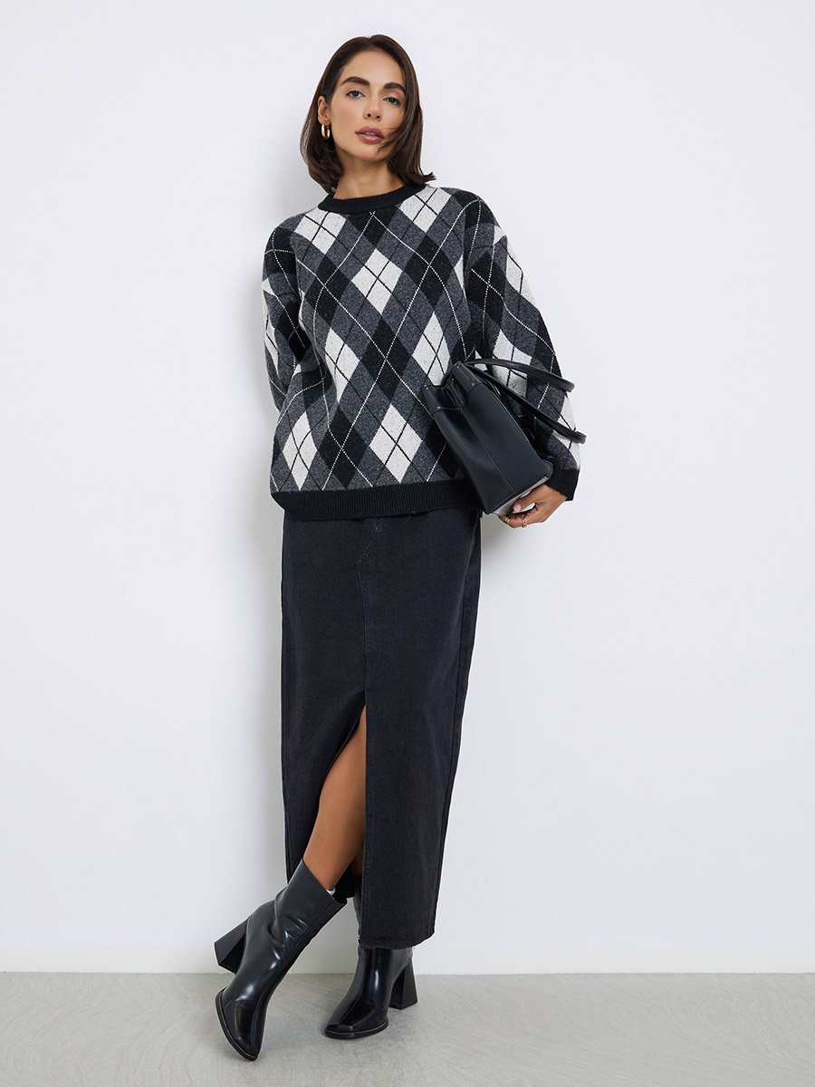 Oversized Argyle Pattern Sweater