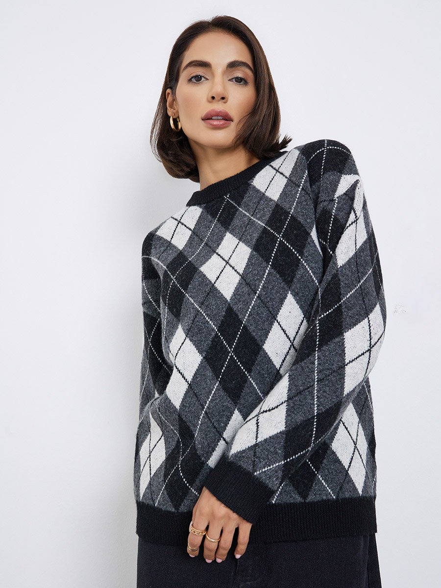 Oversized Argyle Pattern Sweater