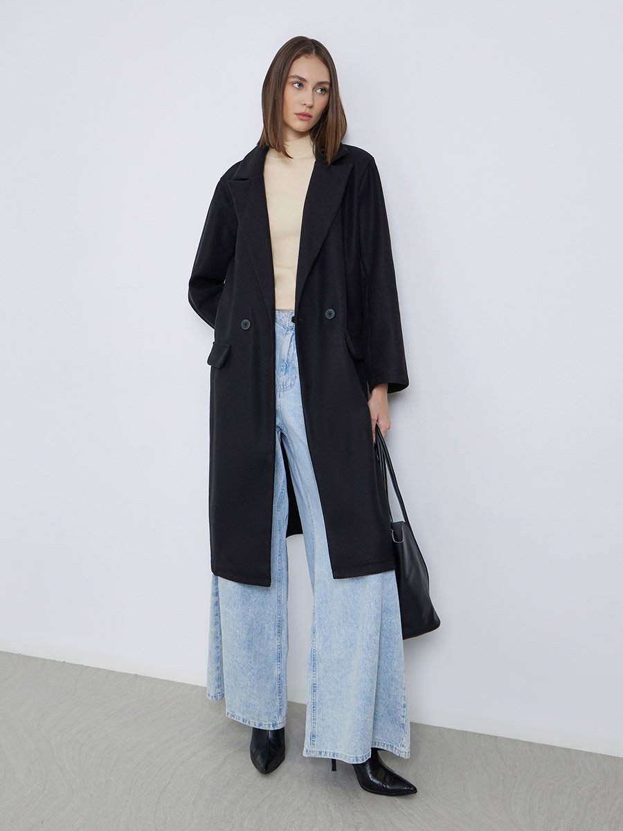 Black Regular Fit Wool Like Button Coat