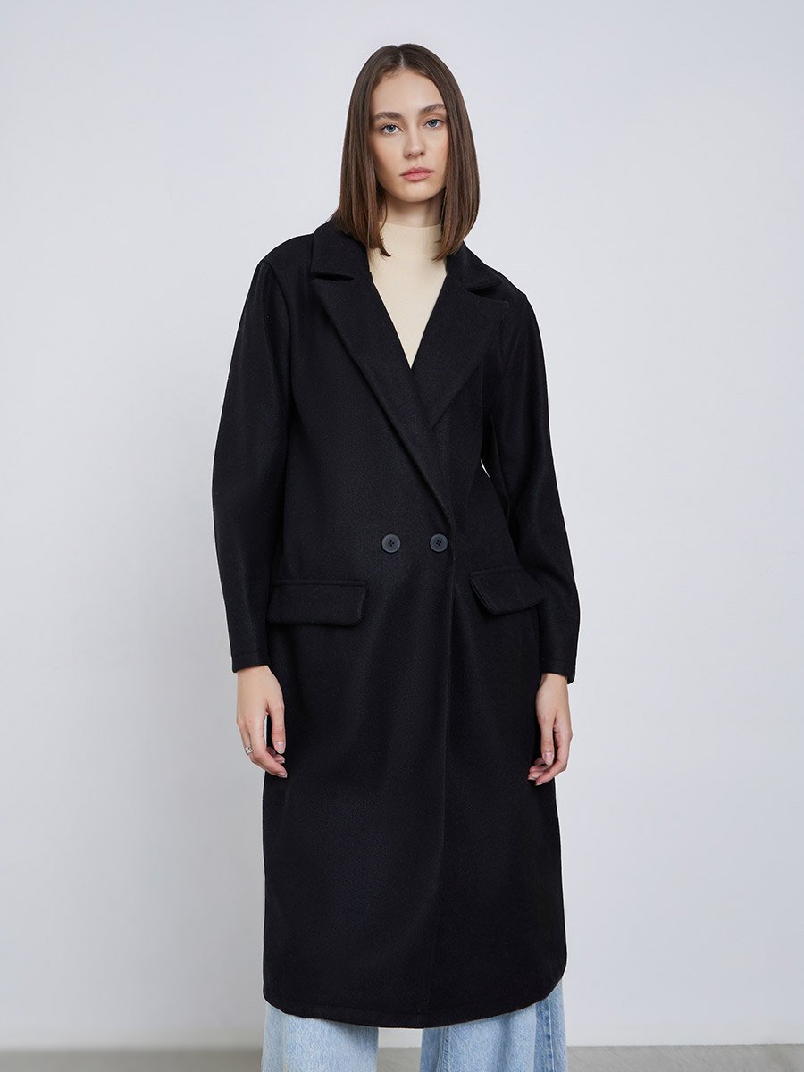 Black Regular Fit Wool Like Button Coat