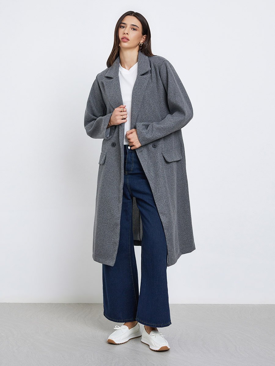 Grey Regular Fit Wool Like Button Coat