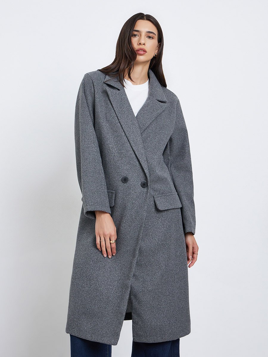 Grey Regular Fit Wool Like Button Coat