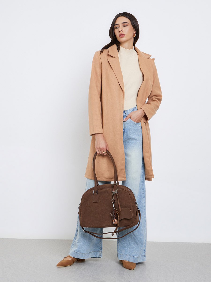 Beige Regular Fit Wool Like Belted Coat