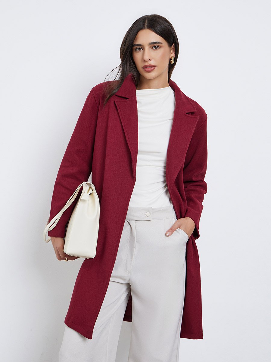 Burgundy Regular Fit Wool Like Belted Coat
