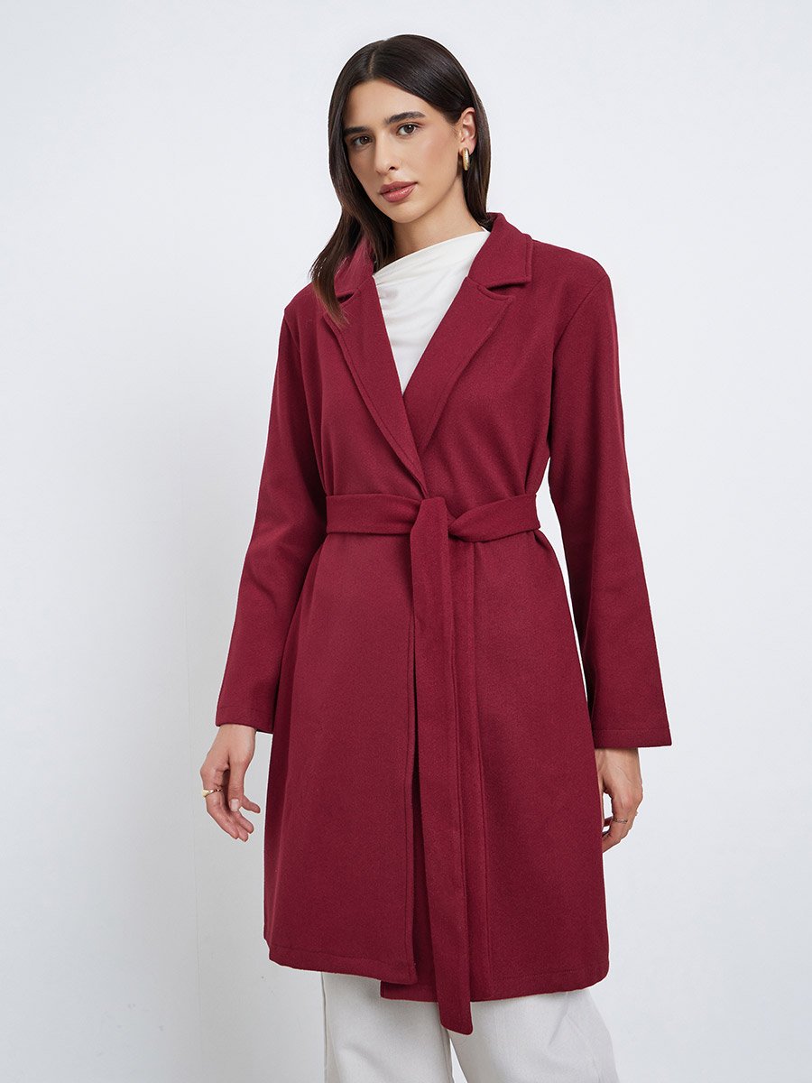 Burgundy Regular Fit Wool Like Belted Coat