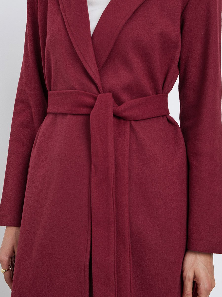 Burgundy Regular Fit Wool Like Belted Coat