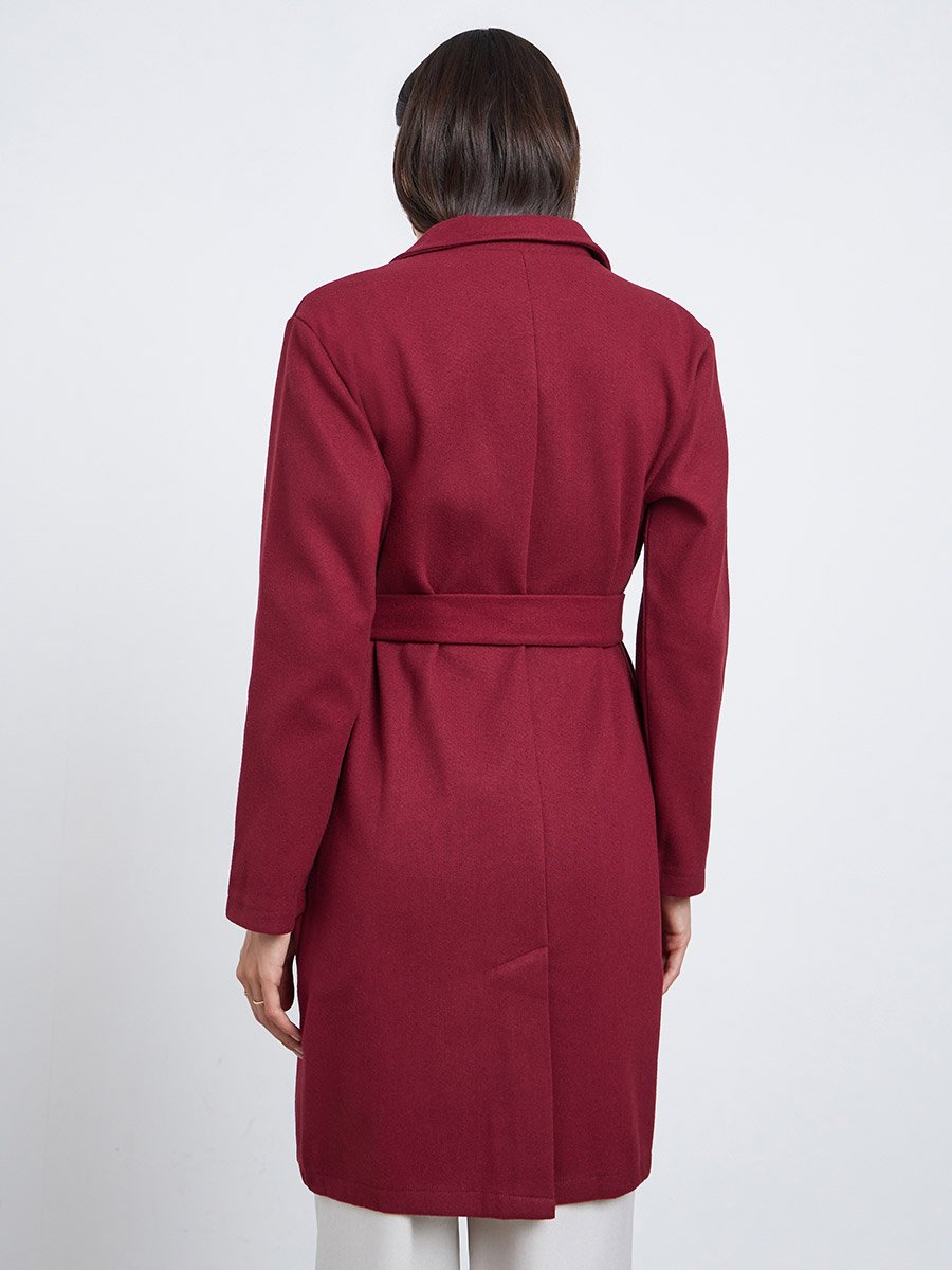 Burgundy Regular Fit Wool Like Belted Coat