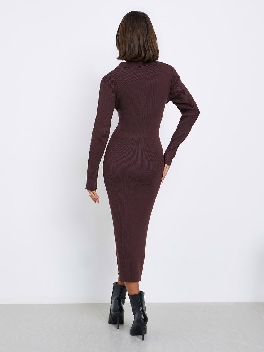 Brown Ribbed Knit Sweater Midi Dress