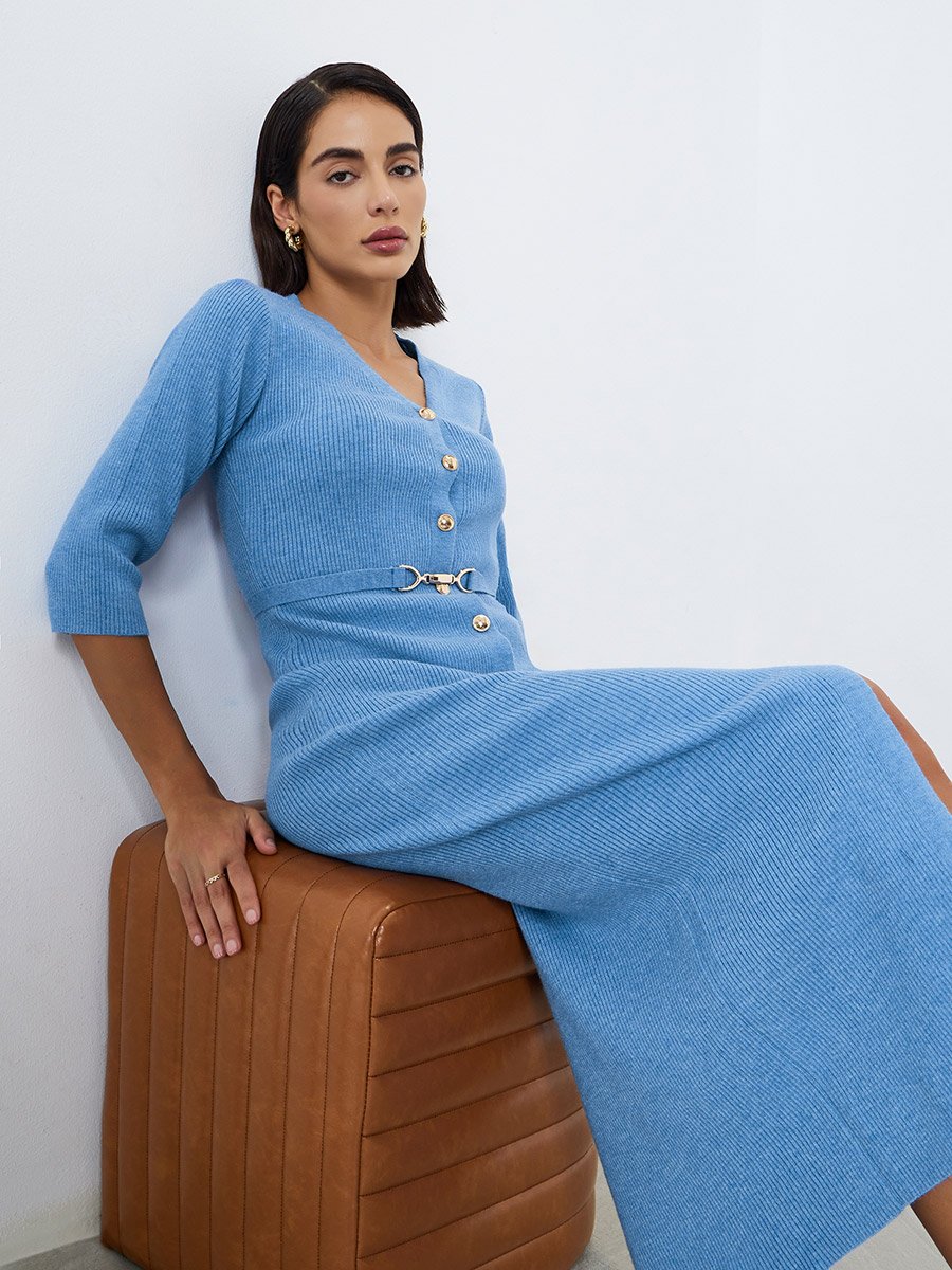 Blue Ribbed Knit Sweater Midi Dress with Belt