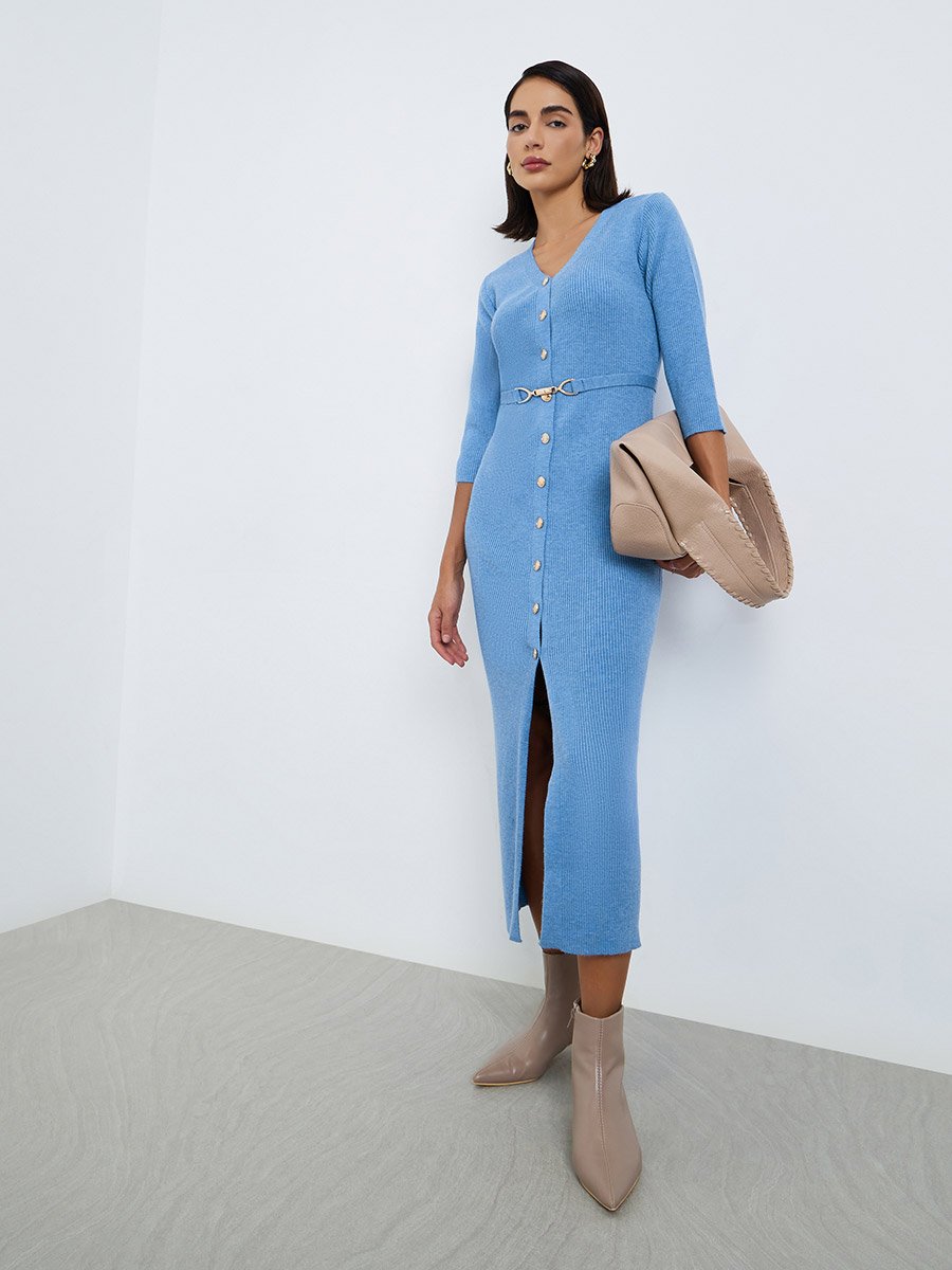 Blue Ribbed Knit Sweater Midi Dress with Belt