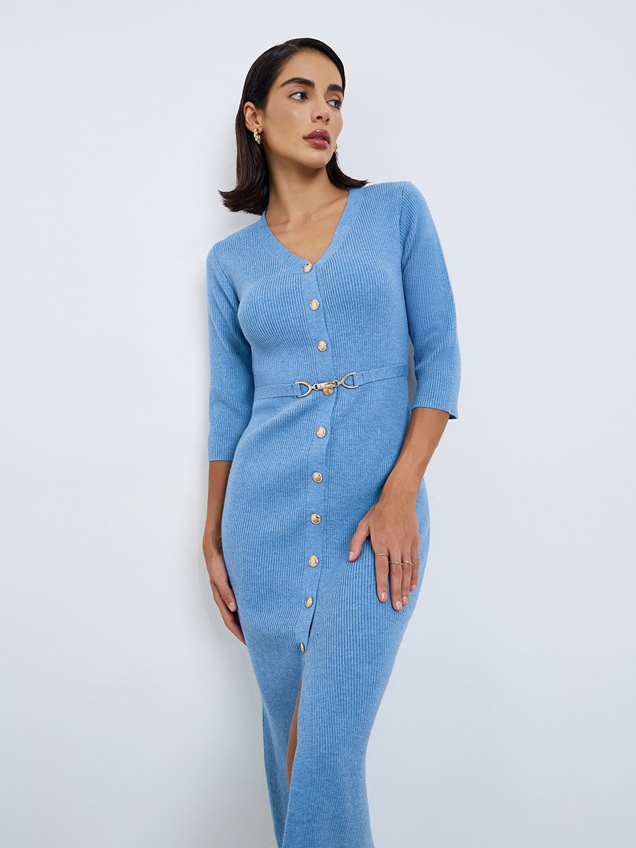 Blue Ribbed Knit Sweater Midi Dress with Belt