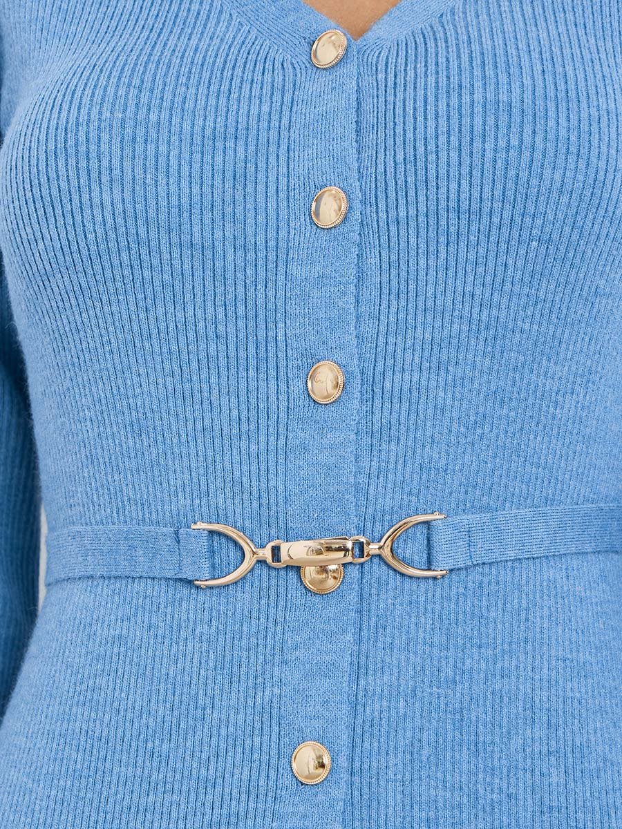 Blue Ribbed Knit Sweater Midi Dress with Belt
