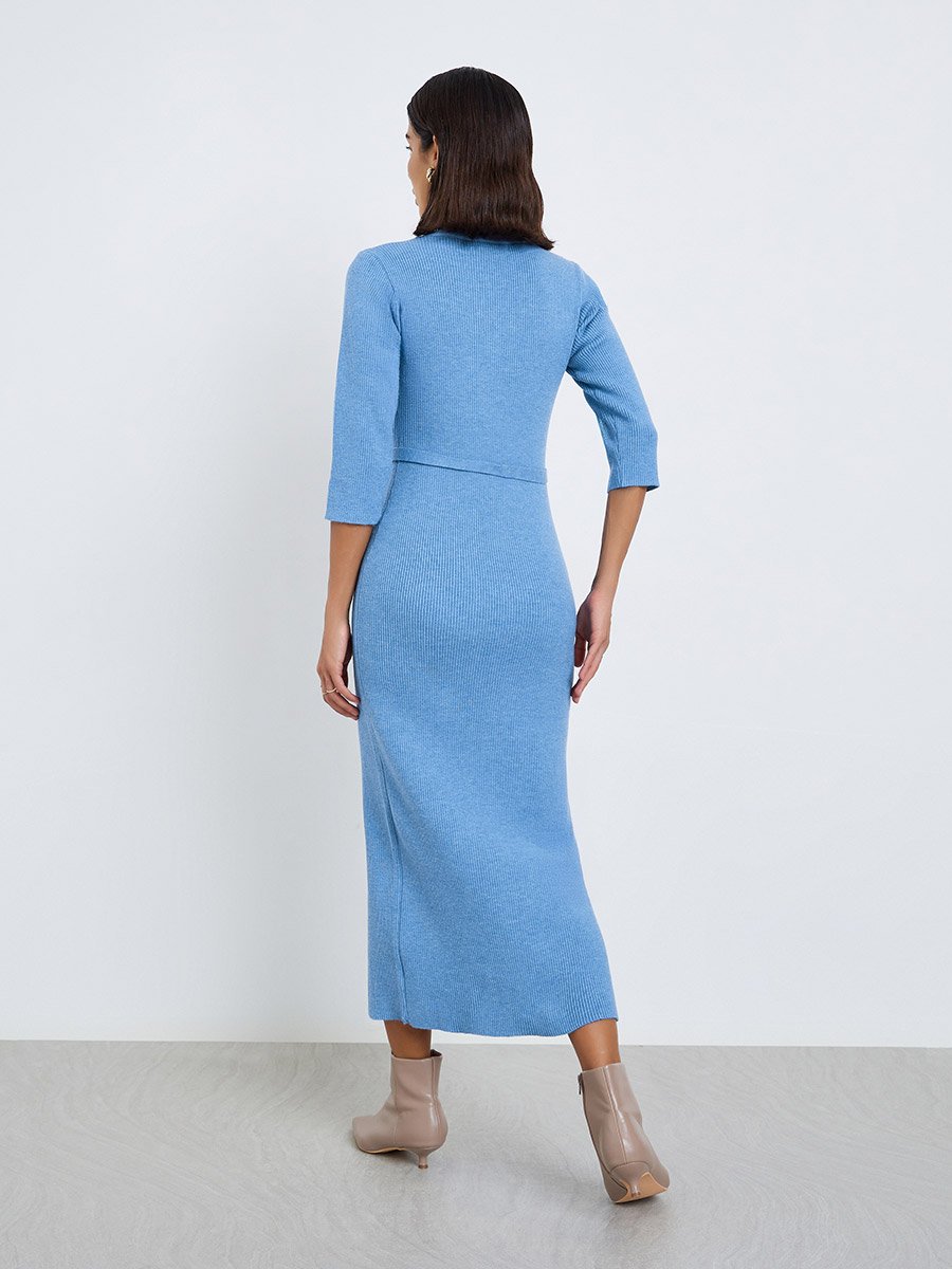 Blue Ribbed Knit Sweater Midi Dress with Belt