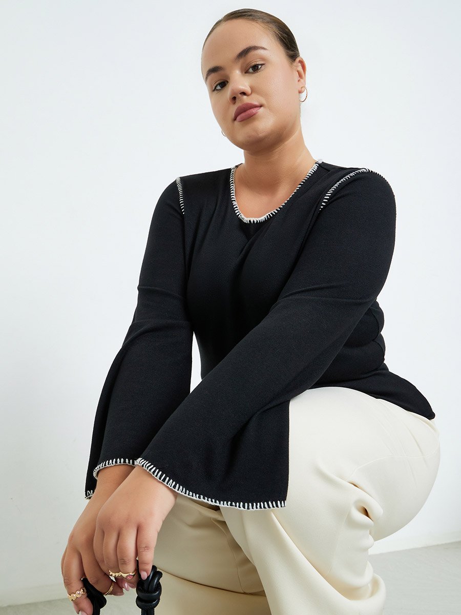 Plus Size Knit Top with Contrast Stitching