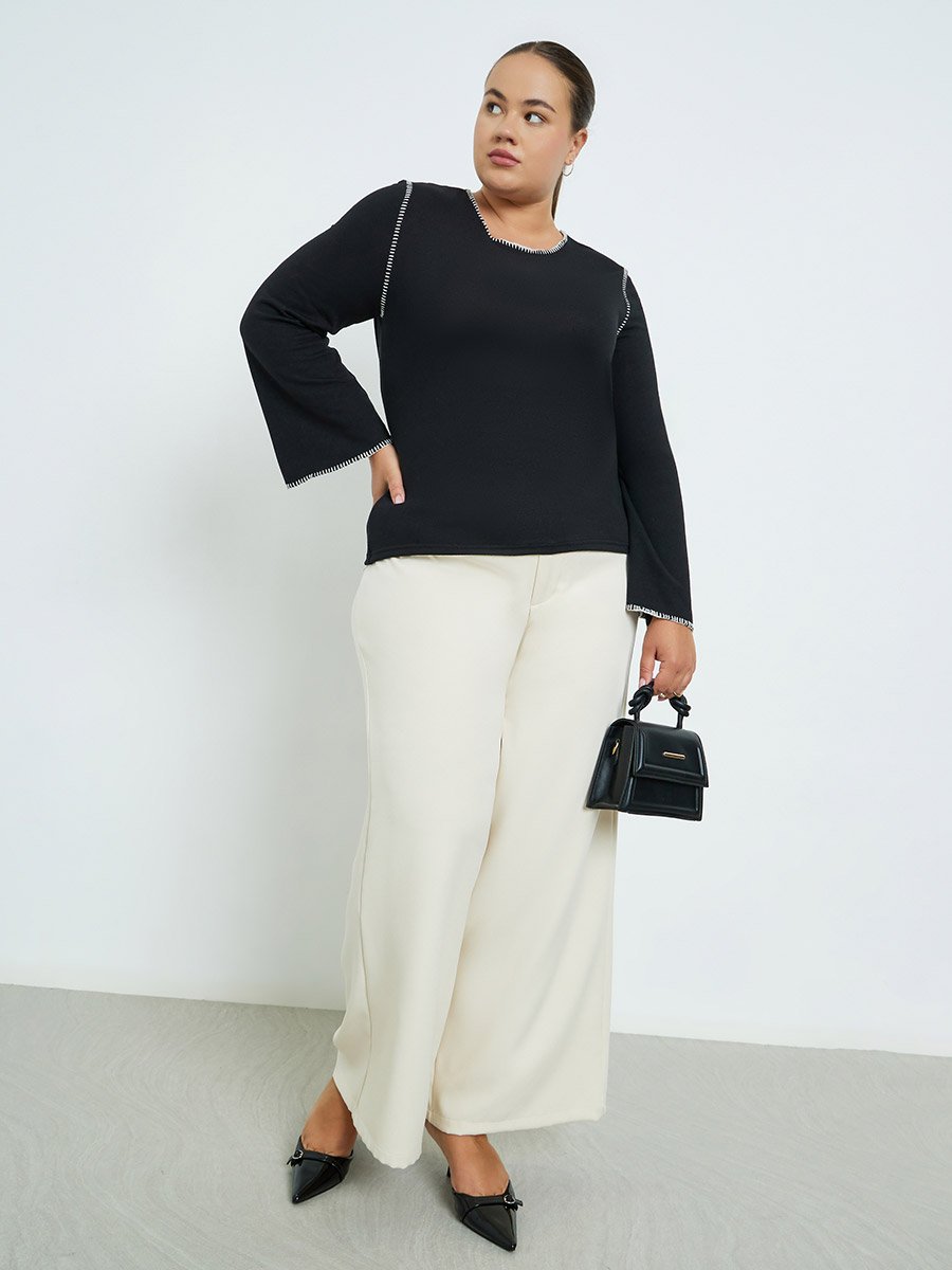 Plus Size Knit Top with Contrast Stitching