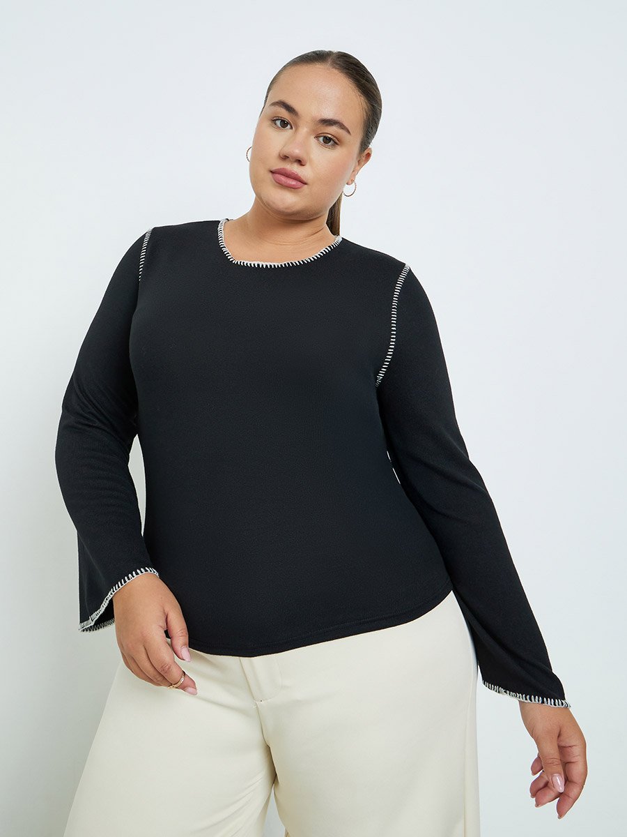 Plus Size Knit Top with Contrast Stitching