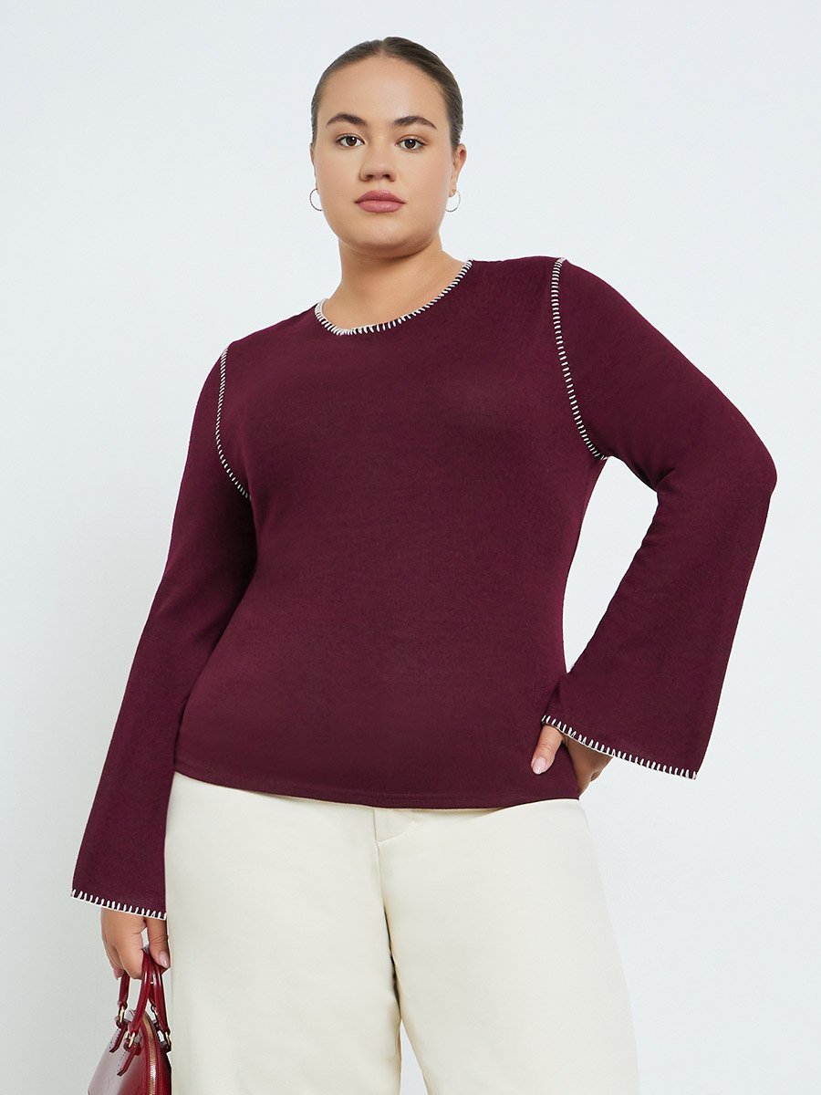 Plus Size Knit Top with Contrast Stitching