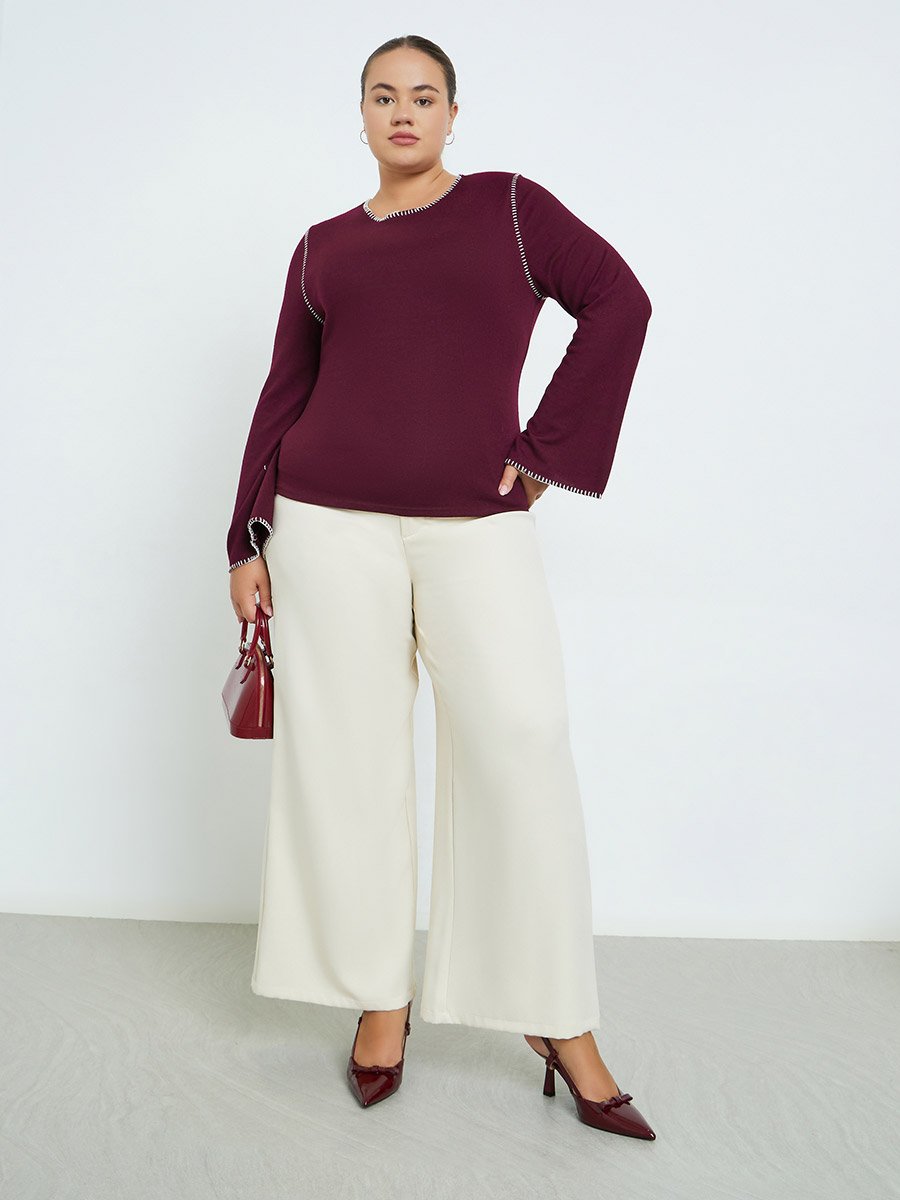 Plus Size Knit Top with Contrast Stitching