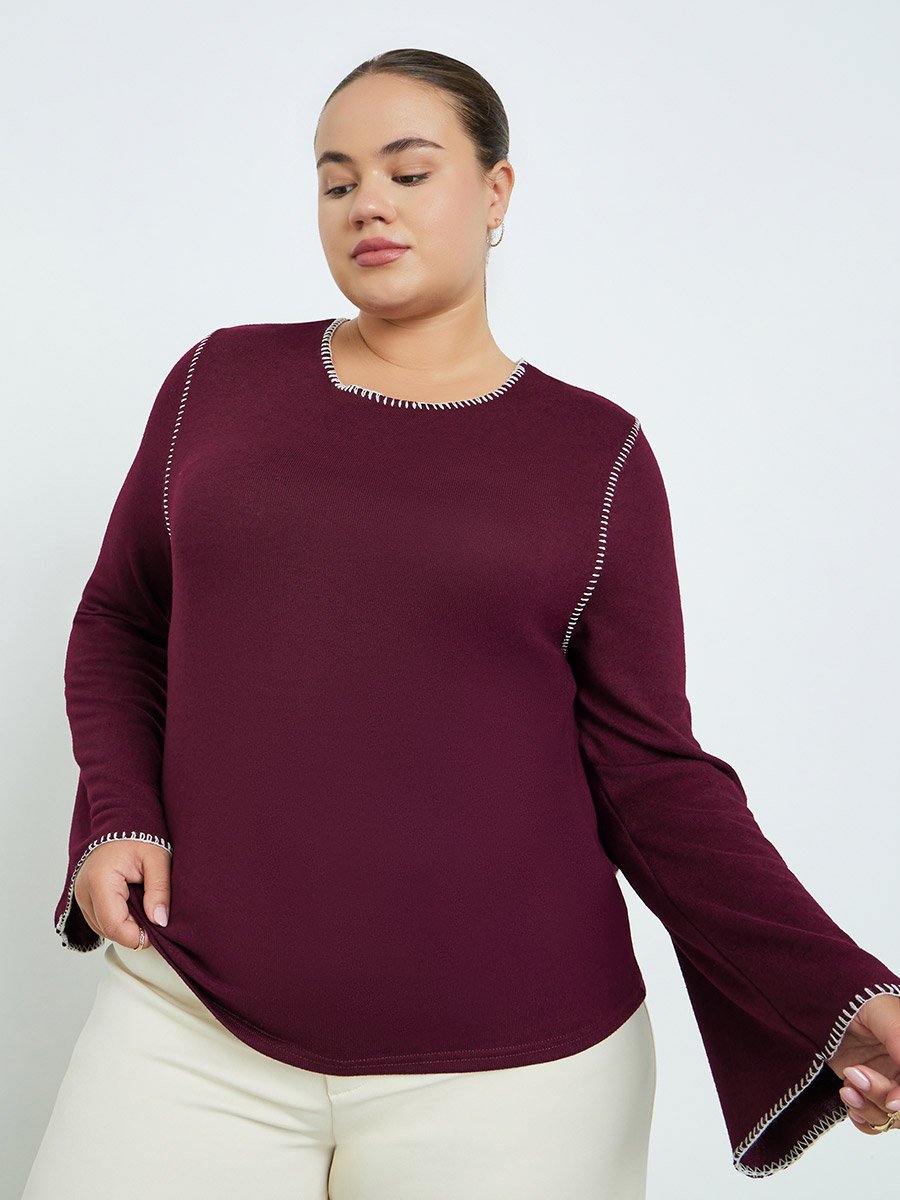Plus Size Knit Top with Contrast Stitching
