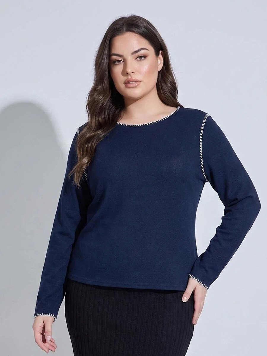 Plus Size Navy Blue Contrast Stitching Ribbed Knit Top