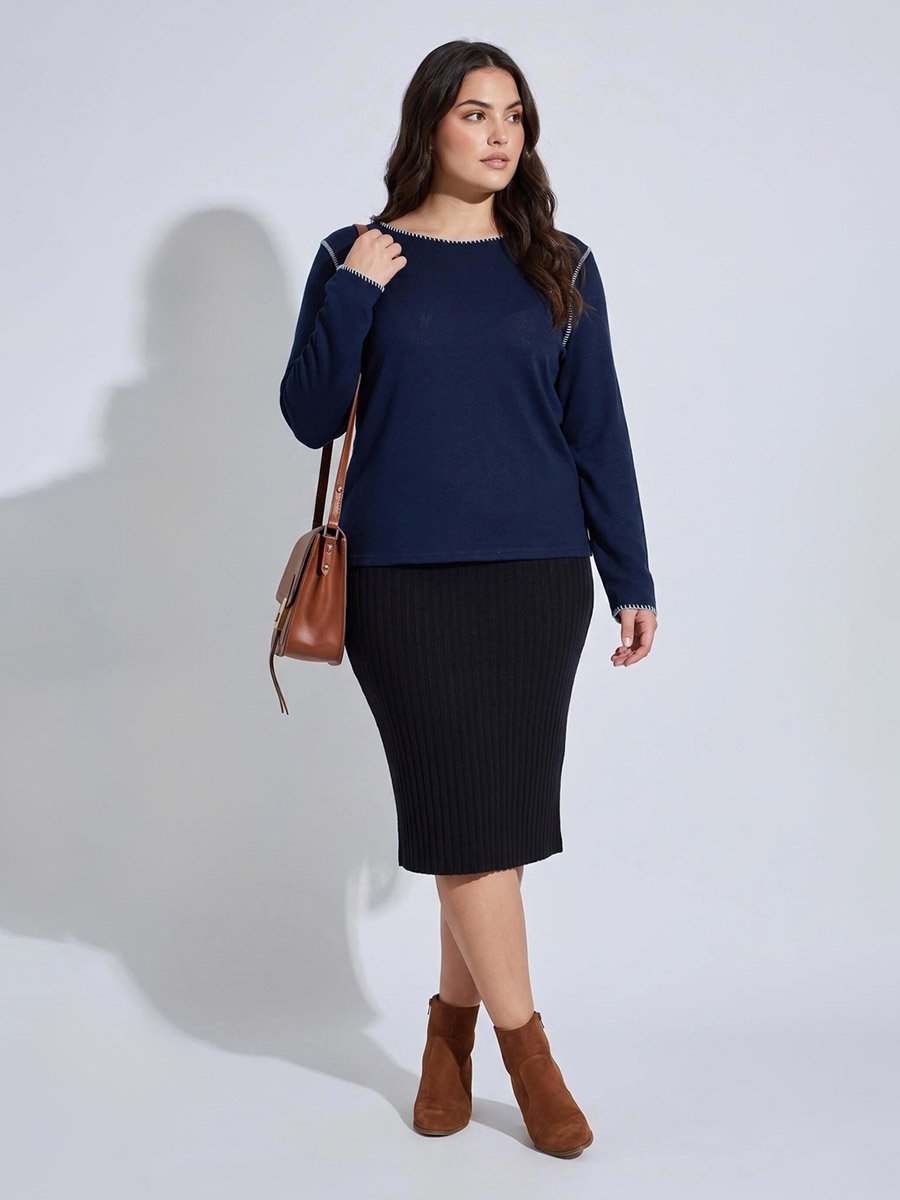 Plus Size Navy Blue Contrast Stitching Ribbed Knit Top