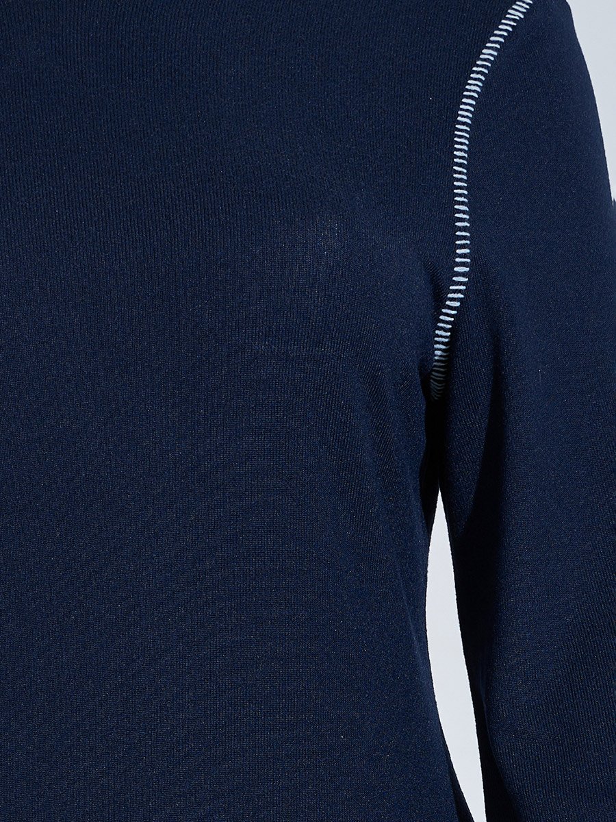 Plus Size Navy Blue Contrast Stitching Ribbed Knit Top