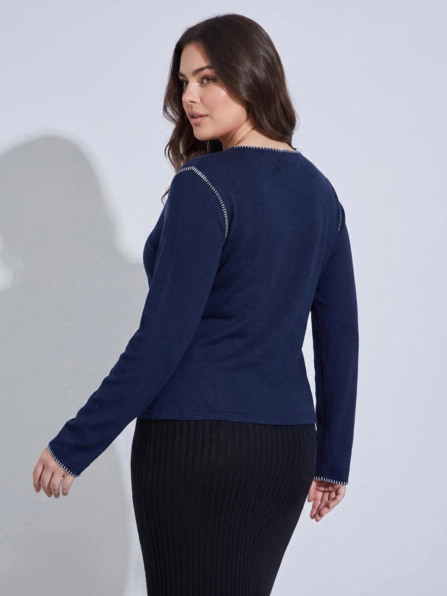 Plus Size Navy Blue Contrast Stitching Ribbed Knit Top