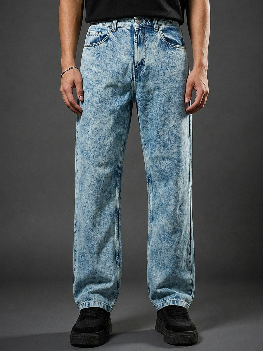 Men Light Blue Acid Wash Oversized Jeans