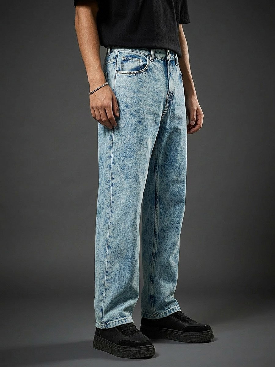 Men Light Blue Acid Wash Oversized Jeans