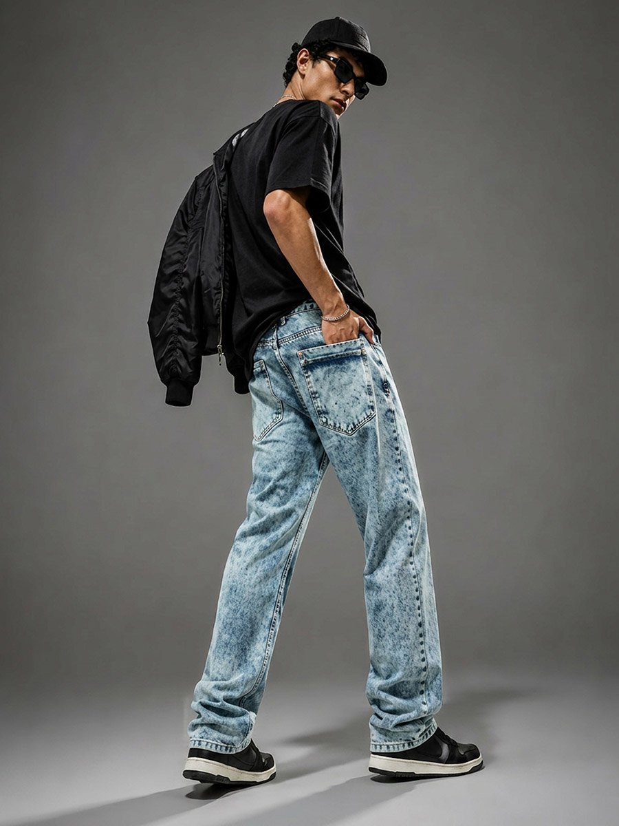 Men Light Blue Acid Wash Oversized Jeans