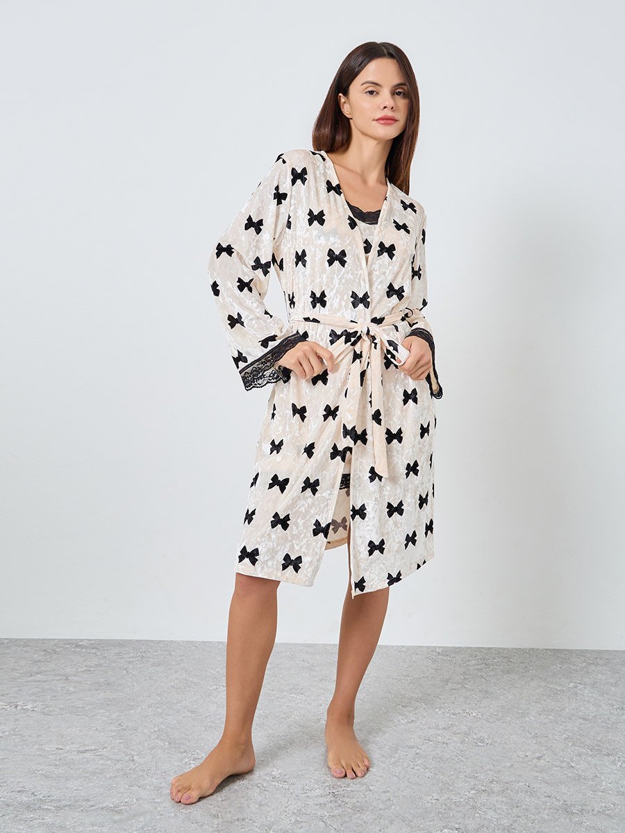 Pack of 2 - Bow Print Contrast Lace Velvet Slip Dress and Robe