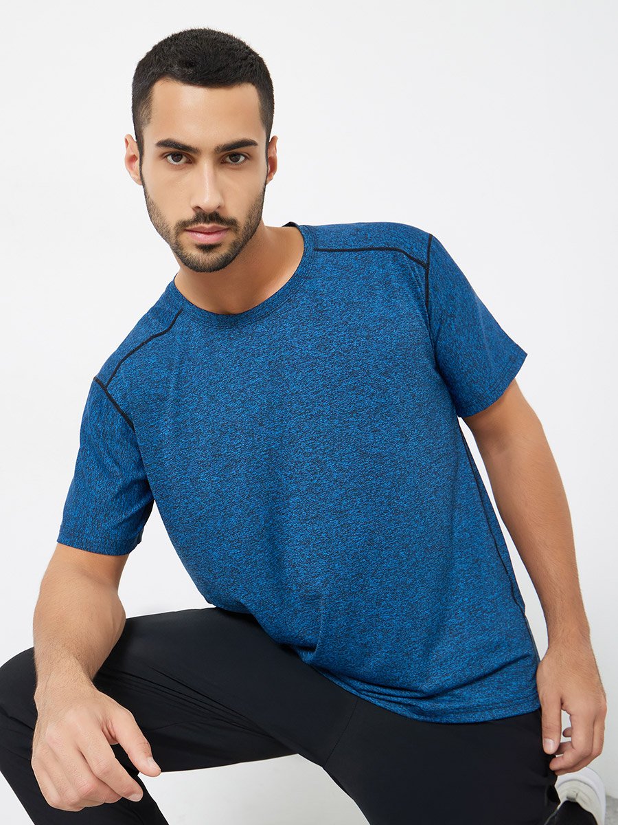 Men Blue Acid Wash Quick Dry Textured Training T-Shirt 