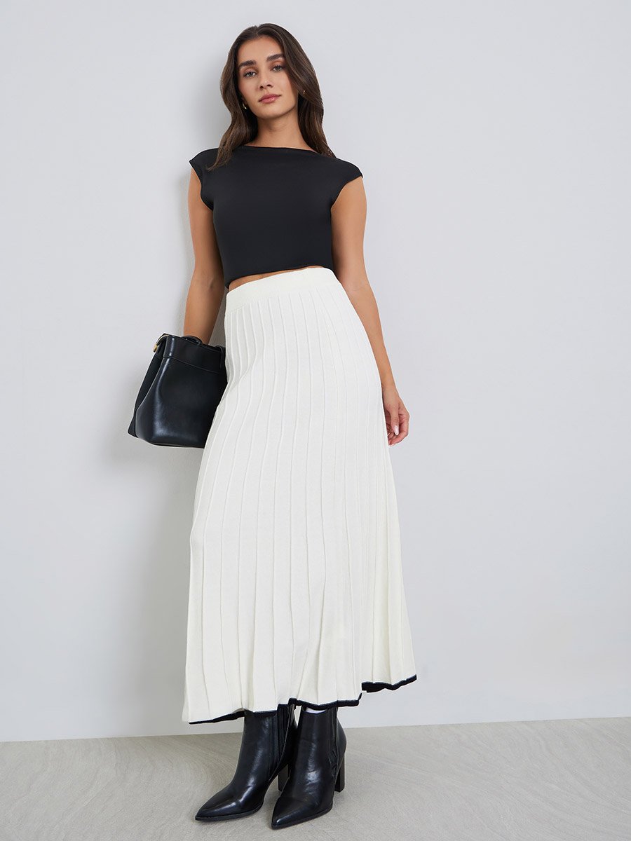 Women Cream Pleated A-Line Midi Skirt