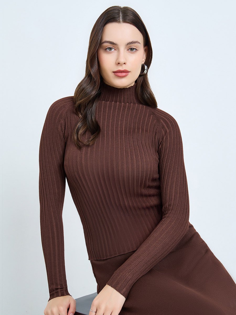Brown High Neck Ribbed Long Sleeve Top