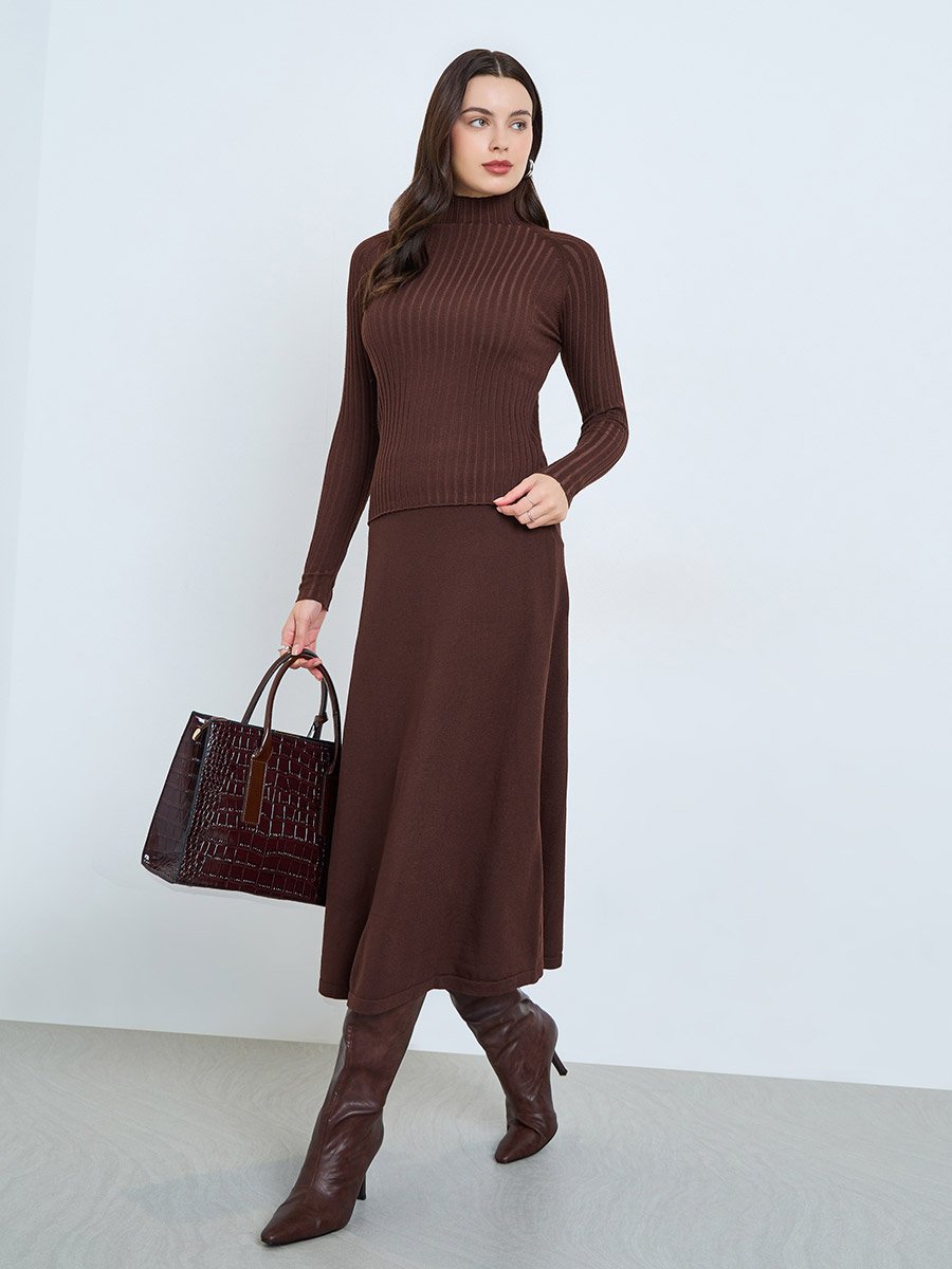 Brown High Neck Ribbed Long Sleeve Top