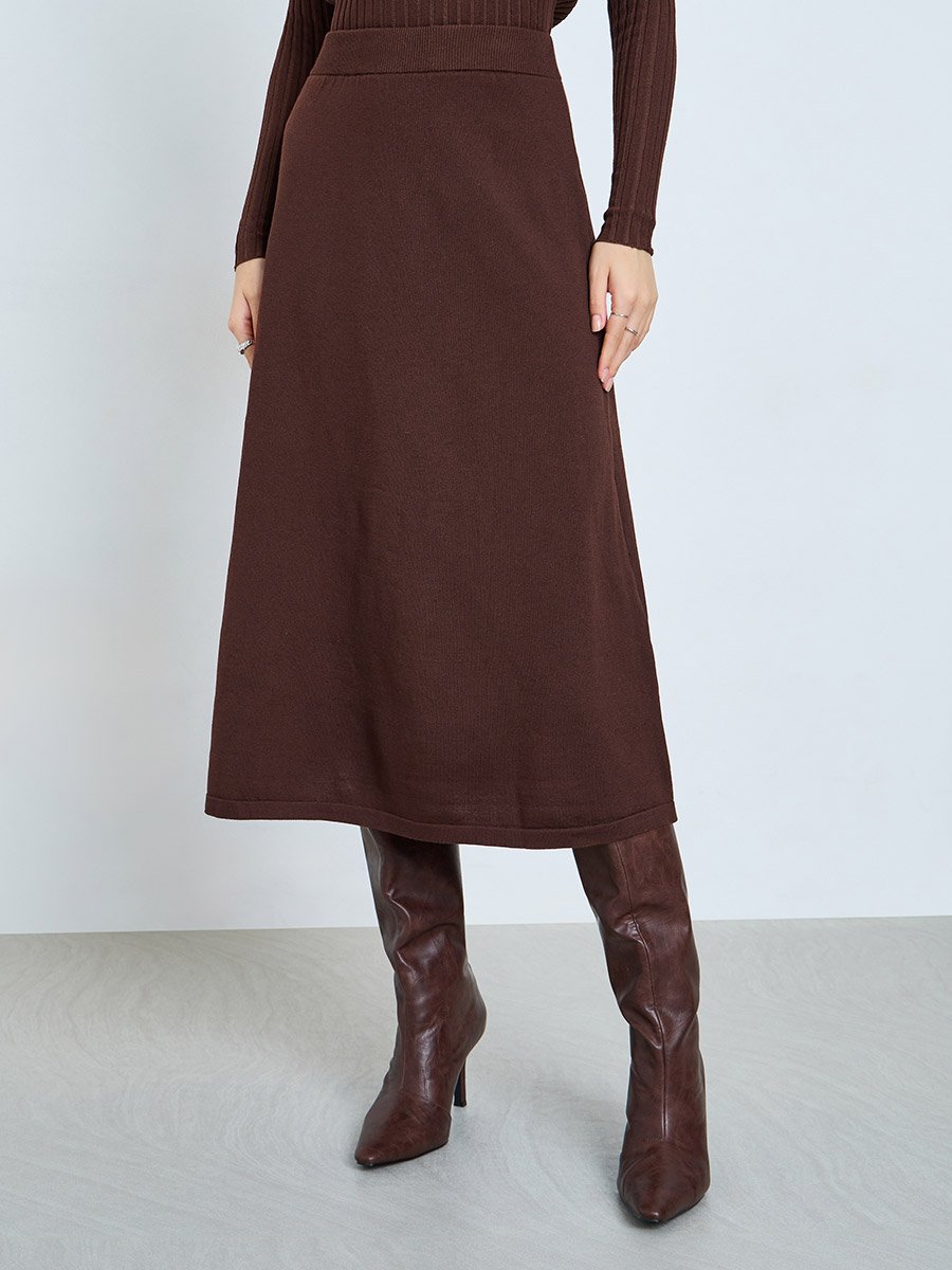 Brown A-Line Flat Knit Midi Skirt