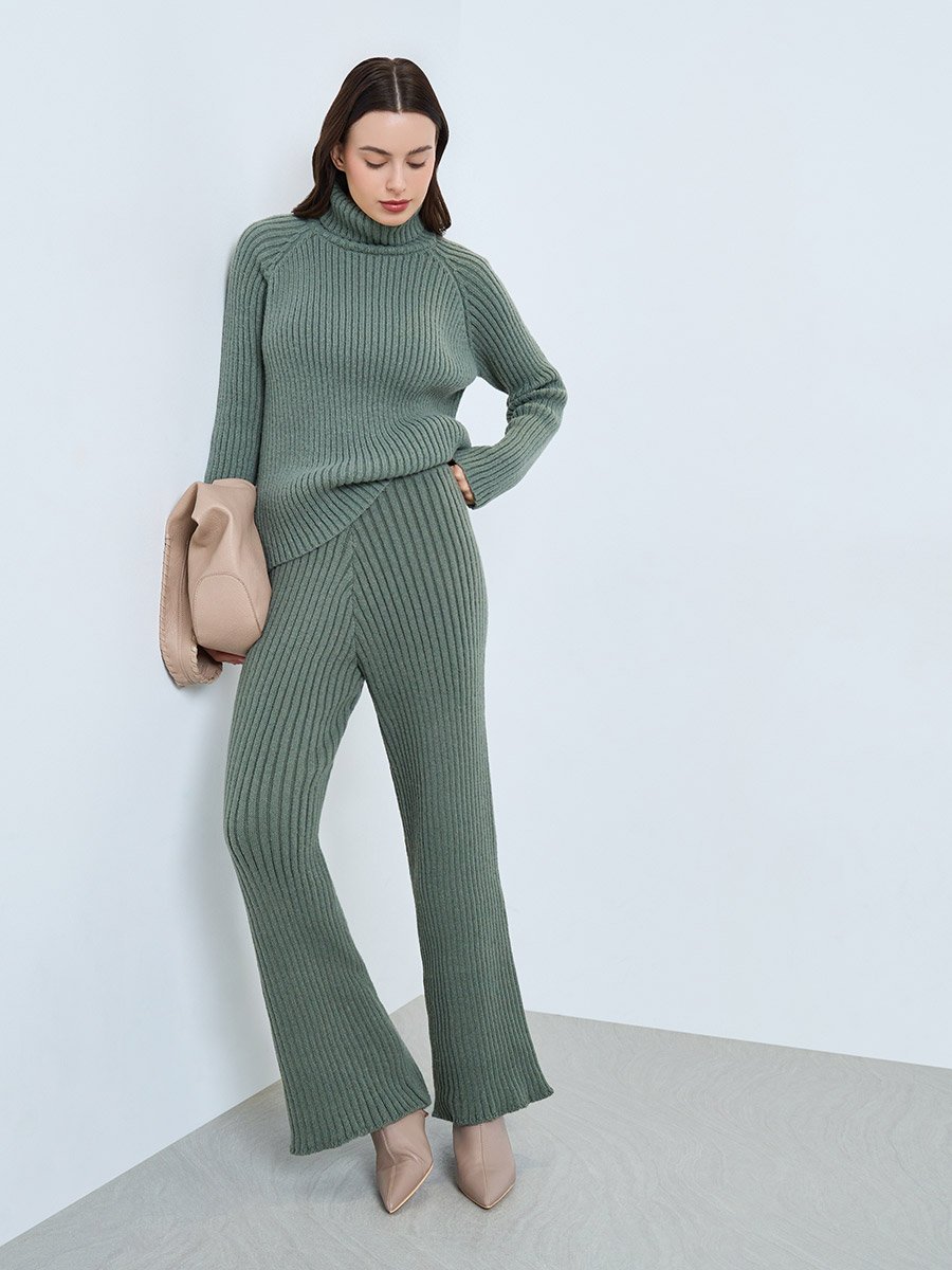 Green Ribbed Knit Straight Leg Pants