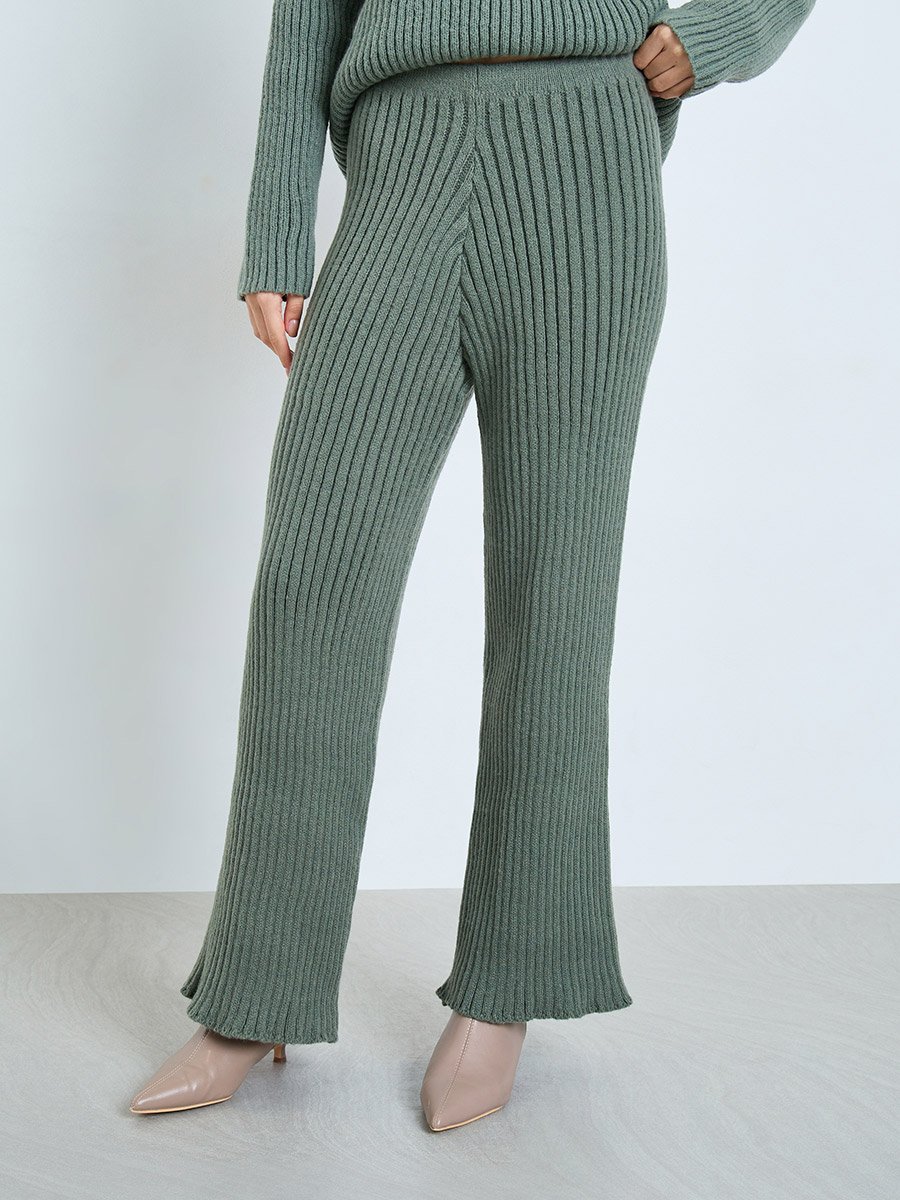 Green Ribbed Knit Straight Leg Pants